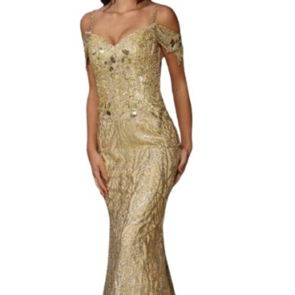 NWT May Queen RQ8094 Beaded, Sequin, Lace Applique Prom Dress Gold Size 4 - Picture 1 of 6